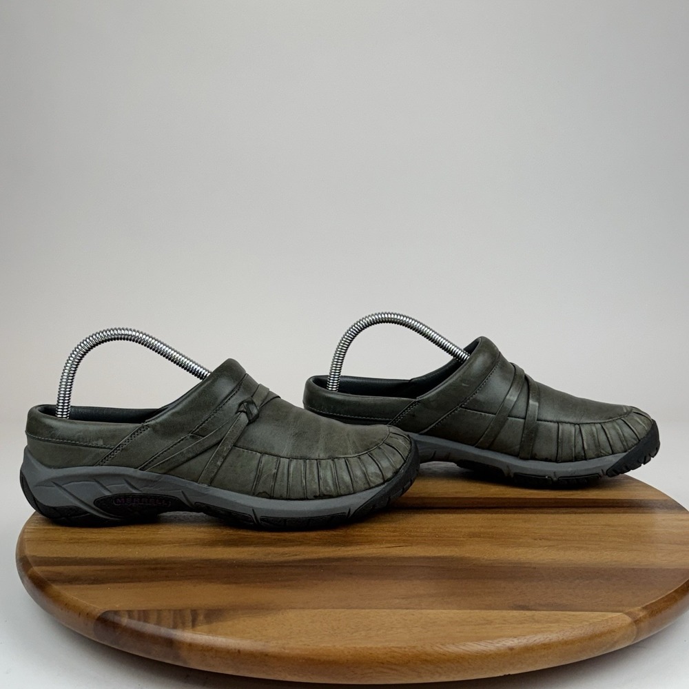 Womens‎ Merrell Encore Olive Green Leather Casual Comfort Slip On Clogs Size 8.5